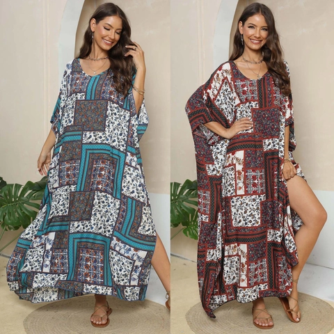 Women's Bohemian Print Kaftan Maxi Dress V Neck Batwing Sleeve Loose Side Slit Beach Cover Up Vacation Ethnic Long Dress