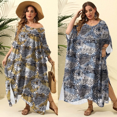 Women Plus Size Leopard Print Kaftan Dress Loose Beach Cover Up Maxi Gown With Side Slit Vacation Outfits