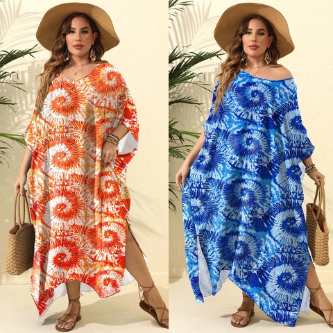 Dames Grote Maten Bedrukte Kaftan Strand Cover-Up Jurk Boheemse Losse Maxi Lange Jurk Met Hoge Split Resort Wear Zomer Tuniek