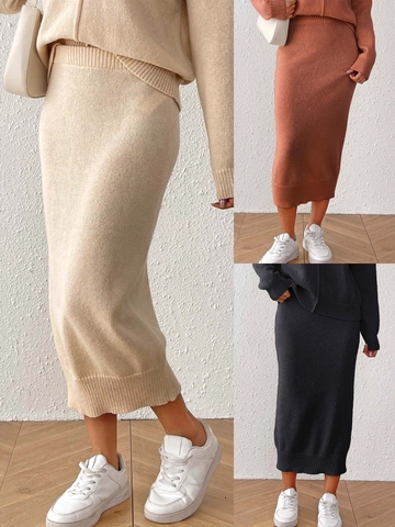 Top Elegante De Punto Con Manga Larga Y Falda Midi Ajustada Para Mujer Ropa De Oficina De Otoño Invierno Color Sólido