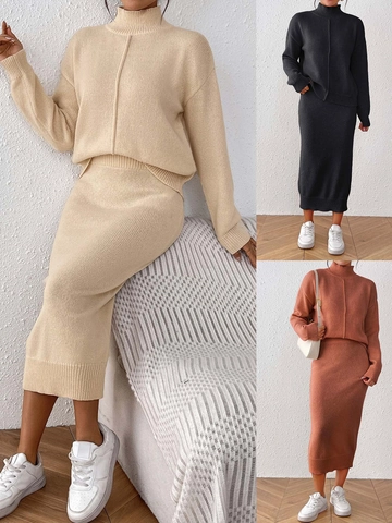 Dames Elegant Effen Kleur 2-Delige Gebreide Set Mock Neck Pullover Top En Gebreide Midi-Rok Outfits Voor Herfst Winter