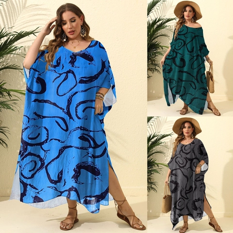 Women Plus Size Abstract Ink Print Beach Cover Up Kaftan Dress Oversized Loose Side Slit Maxi Vacation Robe Long Gown