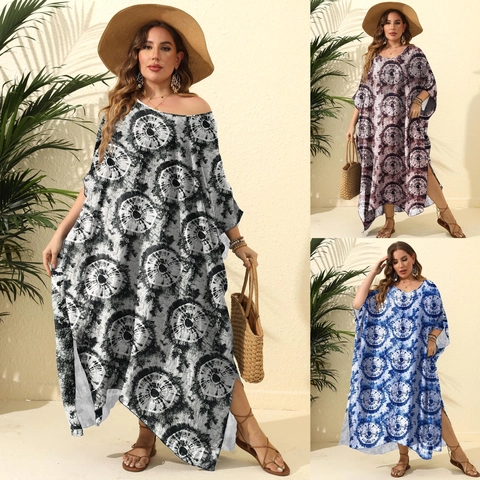 Damen Übergröße Kaftan Kleid Böhmischer Tie-Dye Druck Lockerer Strand Cover Up Maxi Kleid Mit Seitenschlitz Lässiges Urlaubsgewand