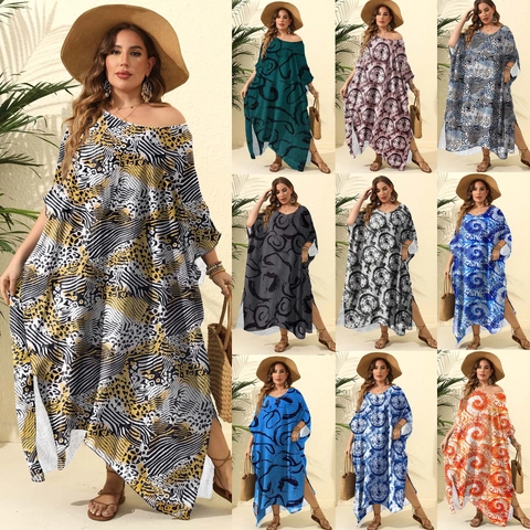 Women Plus Size Bohemian Kaftan Dress Printed Loose Beach Cover Up Side Slit Maxi Batwing Sleeve Oversized Summer Resort