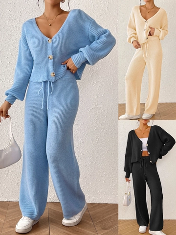 Dames Gebreide Tweedelige Set V-Hals Knoop Cardigan En Wijde Pijpen Broek Met Trekkoord Casual Loungewear Outfit