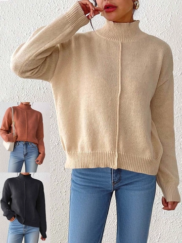 Suéter de Pulóver Casual de Cuello Cisne Medio para Mujer Top de Punto Manga Larga Ribete Acanalado Color Sólido Moda Otoño Invierno