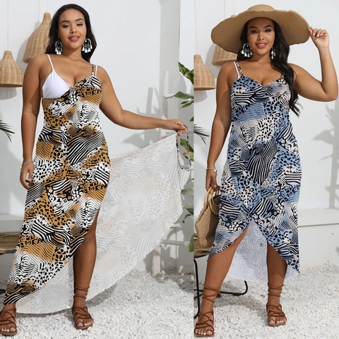 Plus Size Animal Leopard Print Asymmetrical Beach Maxi Dress Halter V-Neck Backless Summer Vacation Resort Sarong Cover Up