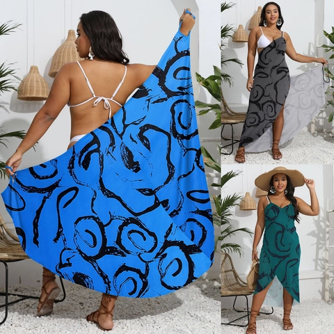 Damen Übergröße Abstrakter Wirbel Print Strand Cover-Up Unregelmäßiger Schlitzsaum Rückenfreies Sommerurlaub Resort Maxikleid
