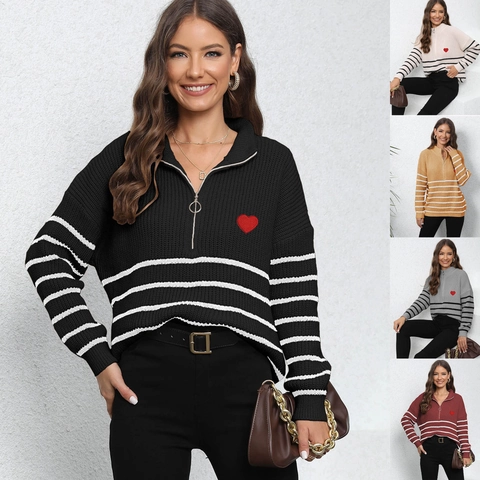 Women's Casual Striped Knit Sweater Mock Neck Half Zipper Loose Pullover Top With Red Heart Applique Long Sleeve Jumper