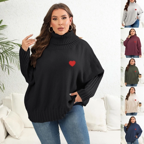 Women Casual Plus Size Turtleneck Long Sleeve Sweater Heart Patch Oversized Knit Jumper Top Loose Pullover Autumn Winter Fashion
