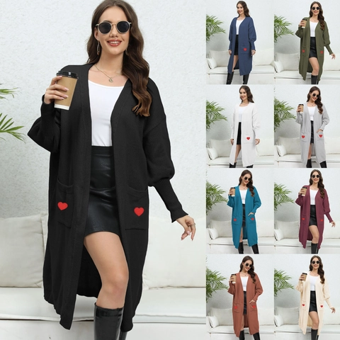 Mujer Cárdigan Largo De Punto Oversize Con Bordado De Corazón Bolsillo Manga De Linterna Casual Suelto Prendas De Punto