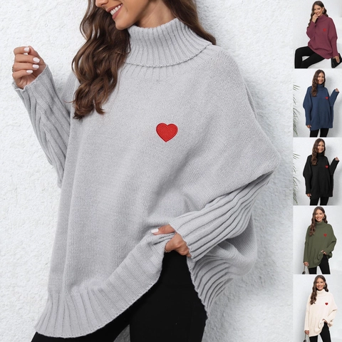 Maglione a Collo Alto Oversize da Donna Ricamo a Cuore Spalla Cadente Manica a Pipistrello Pullover in Maglia Autunno Inverno