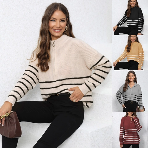 Women Casual Striped Half Zip Knitted Sweater Loose Long Sleeve Pullover Autumn Winter Warm Sweater Top