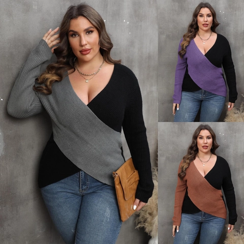 Women Plus Size V Neck Wrap Color Block Knit Sweater Long Sleeve Slim Fit Casual Ribbed Pullover Sweater Jumper Top
