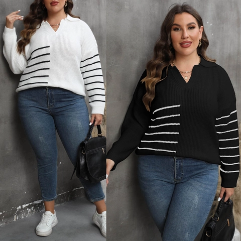 Talla Grande Mujer Suéter de Rayas Patchwork Cuello Polo Casual Holgado Manga Larga Top de Punto Color de Contraste Pullover