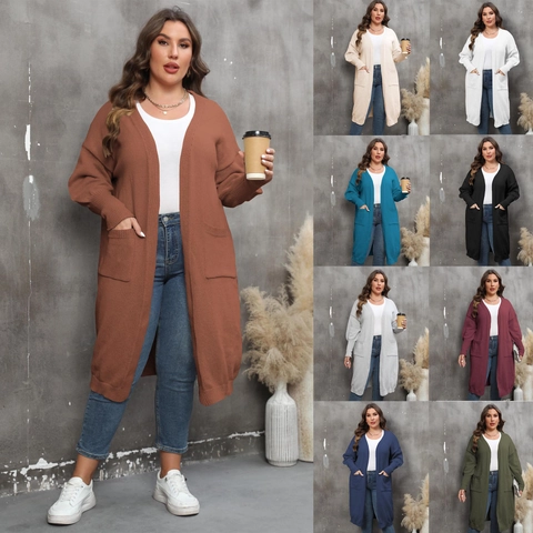 Women Plus Size Long Knit Cardigan Loose V Neck Lantern Sleeve Open Front Sweater Coat With Pockets Solid Color Outwear