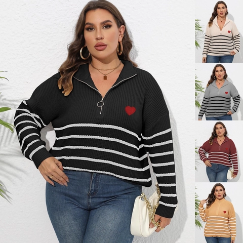 Maglione da Donna Taglie Forti a Righe con Mezza Cerniera Casual a Maniche Lunghe con Applicazione a Cuore Pullover in Maglia