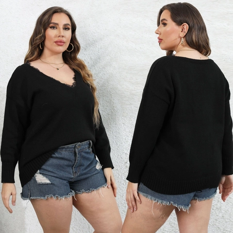 Maglione da Donna Taglie Forti Scollo a V con Patchwork in Pizzo Manica Lunga Maglia Larga Top Tinta Unita Nero Moda