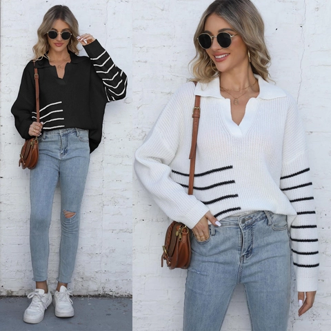 Suéter de Punto a Rayas para Mujer con Cuello POLO Pullover Holgado de Manga Larga Top de Moda Casual