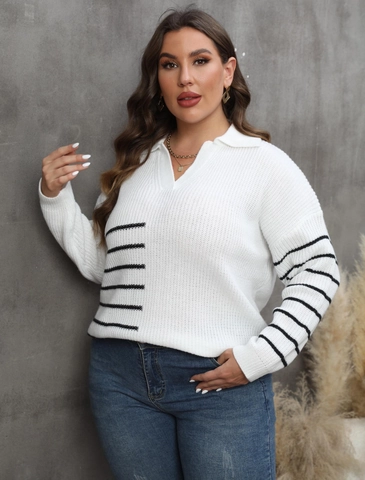 Talla Grande Mujer Suéter de Rayas Patchwork Cuello Polo Casual Holgado Manga Larga Top de Punto Color de Contraste Pullover