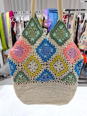 Boho Handgehäkelte Granny Square Schultertasche Retro Mehrfarbig Patchwork Strick Tote Bag Für Damen Urlaub Strand Reise