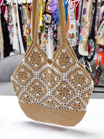Sac Tote Décontracté pour Femme Crochet Fait Main Fil Creux Carré de Grand-mère Patchwork Bohème pour Vacances Plage