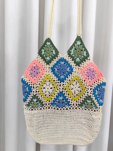 Boho Handgehäkelte Granny Square Schultertasche Retro Mehrfarbig Patchwork Strick Tote Bag Für Damen Urlaub Strand Reise