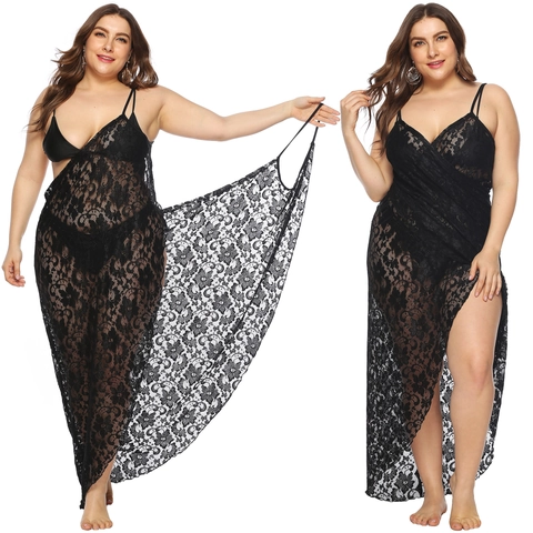 Women Plus Size Sexy Black Lace Dress Sheer Floral V Neck Irregular Slit Beach Cover Up Nightgown Camisole Dress