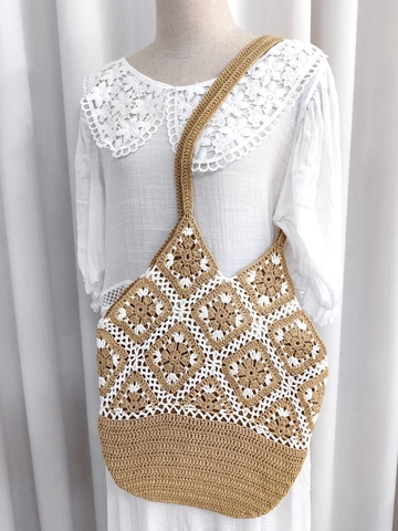 Sac Tote Décontracté pour Femme Crochet Fait Main Fil Creux Carré de Grand-mère Patchwork Bohème pour Vacances Plage