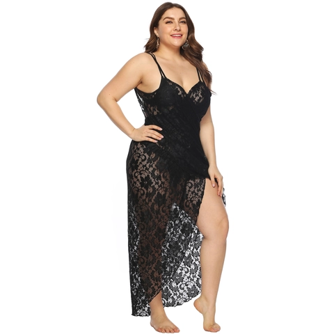 Women Plus Size Sexy Black Lace Dress Sheer Floral V Neck Irregular Slit Beach Cover Up Nightgown Camisole Dress