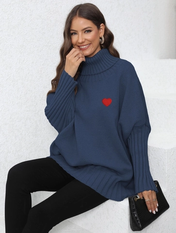 Maglione a Collo Alto Oversize da Donna Ricamo a Cuore Spalla Cadente Manica a Pipistrello Pullover in Maglia Autunno Inverno