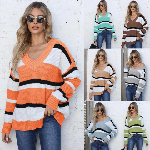 Women Oversized Striped V-Neck Sweater Color Block Knit Long Sleeve Pullover Casual Loose Fashion Jumper Top