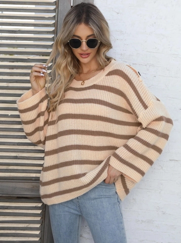 Dames Oversized Gestreepte Gebreide Trui Met Schouderknopen Patchwork Casual Ronde Hals Lange Mouw Pullover Top