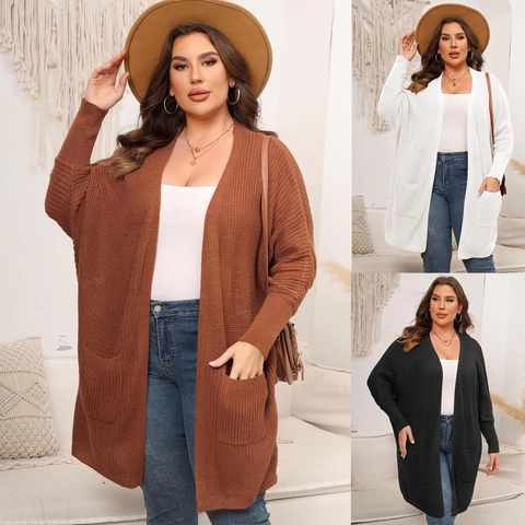 Women's Plus Size Casual Open Front Knitted Cardigan Sweater With Pockets Loose Batwing Sleeve Mid Length Solid Outerwear