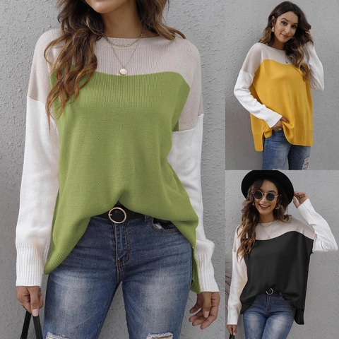 Maglione in Maglia Donna con Blocchi di Colore Acrilico Ampio Girocollo Manica Lunga Pullover Casual Street Style Patchwork