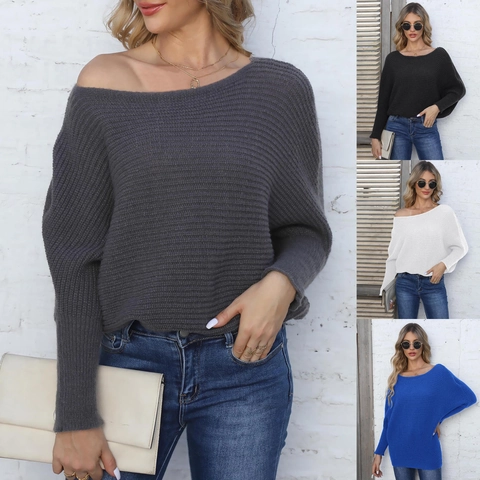 Women Off Shoulder Knit Sweater Batwing Long Sleeve Boat Neck Pullover Loose Ribbed Texture Casual Autumn Winter Knitwear Top