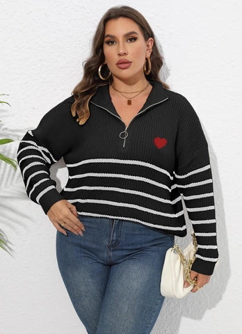 Maglione da Donna Taglie Forti a Righe con Mezza Cerniera Casual a Maniche Lunghe con Applicazione a Cuore Pullover in Maglia