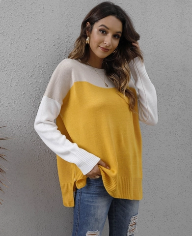 Maglione in Maglia Donna con Blocchi di Colore Acrilico Ampio Girocollo Manica Lunga Pullover Casual Street Style Patchwork