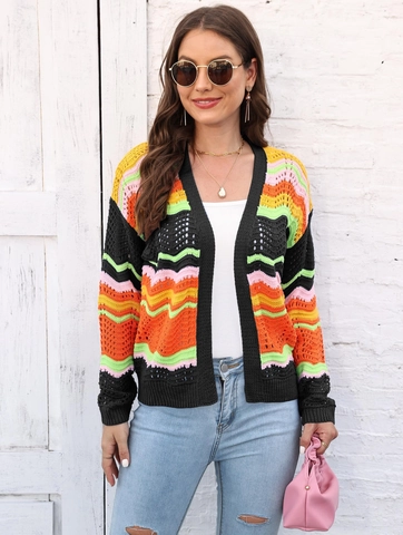 Women Rainbow Striped Knit Cardigan Acrylic Crochet Hollow Out Wave Pattern Long Sleeve V Neck Open Front Sweater Top