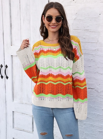 Women Casual Rainbow Wave Striped Pullover Sweater Hollow Crochet Color Block Long Sleeve Knitwear Round Neck Loose Top