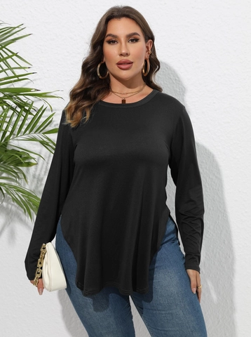 T-Shirt Femme Grande Taille Décontracté Manches Longues Ourlet Irrégulier Couleur Unie Col Rond Top en Tricot Automne Hiver