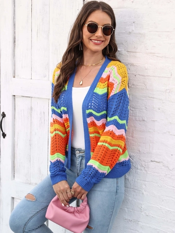 Women Rainbow Striped Knit Cardigan Acrylic Crochet Hollow Out Wave Pattern Long Sleeve V Neck Open Front Sweater Top