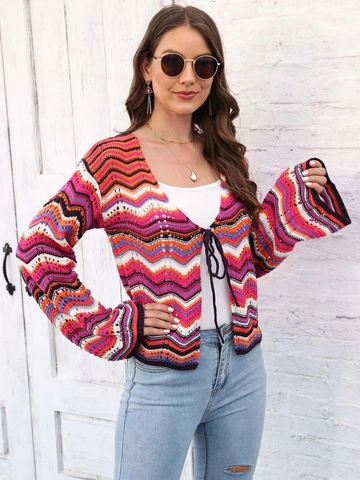 Women Bohemian Rainbow Striped Knit Cardigan Long Bell Sleeve Tie Front V Neck Crochet Sweater Casual Autumn Winter Jacket