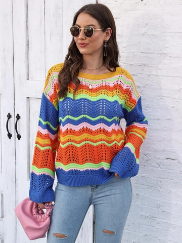 Women Casual Rainbow Wave Striped Pullover Sweater Hollow Crochet Color Block Long Sleeve Knitwear Round Neck Loose Top