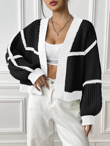Women Color Block Knit Cardigan V Neck Lantern Sleeve Loose Striped Chunky Sweater Top Casual Fashion Streetwear Outerwear