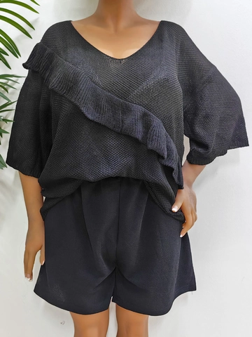 Haut en Maille Grande Taille Femmes Col en V Manches Mi-Longues Volants Patchwork Pullover Ajouré Couleur Unie Streetwear