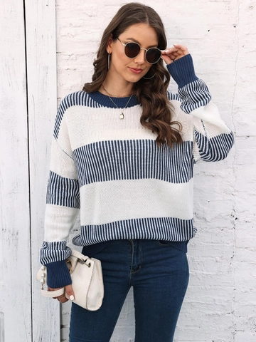 Women Striped Knitted Sweater Casual Color Block Long Sleeve Pullover Round Neck Loose Autumn Winter Knit Tops