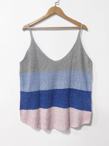 Damen Übergröße Strick Gestreiftes Unterhemd Häkeln V-Ausschnitt Spaghetti-Träger Mehrfarbig Tank Top Casual Sommer Top