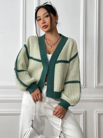 Women Color Block Knit Cardigan V Neck Lantern Sleeve Loose Striped Chunky Sweater Top Casual Fashion Streetwear Outerwear