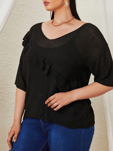Haut en Maille Grande Taille Femmes Col en V Manches Mi-Longues Volants Patchwork Pullover Ajouré Couleur Unie Streetwear